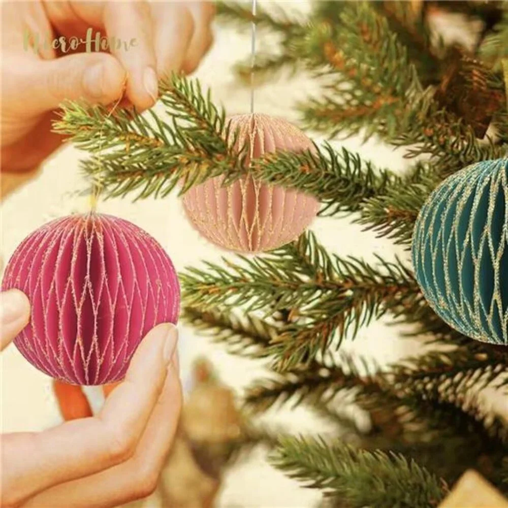 NEW West Elm 6 Piece Boho Glitter Paper Christmas Tree Ornaments Set Decor - 3
